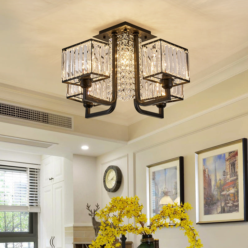 Plafonnier semi-encastré moderne en métal et cristal transparent - Luminaire de plafond cubique noir (5/9/13 lumières)