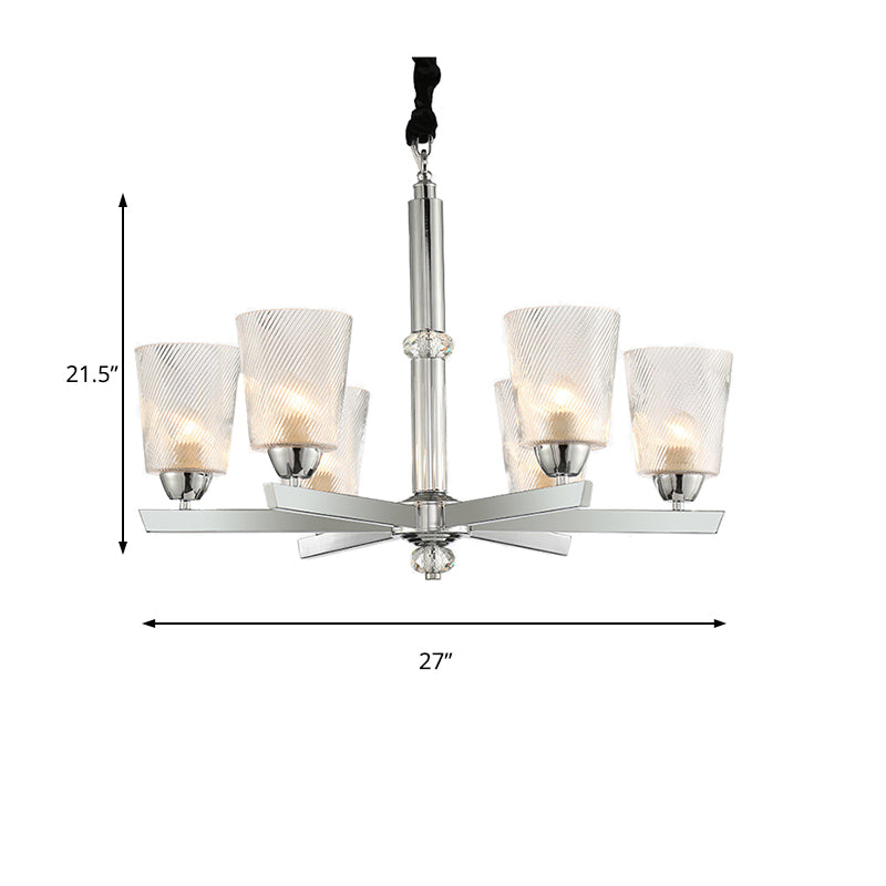 Modern Ribbed Glass 6-Light Chrome Chandelier Pendant - Cup Up Design For Living Room Ceiling Lamp