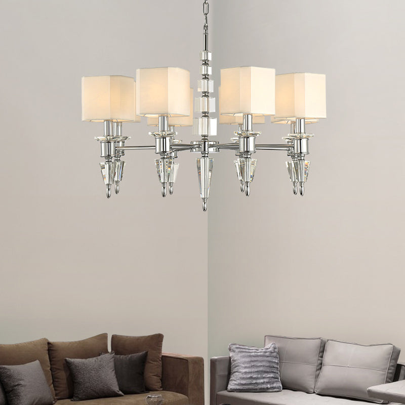 Modern Iron Cube Ceiling Pendant with 6 Lights & Fabric Shade - Chrome Hanging Chandelier Fixture