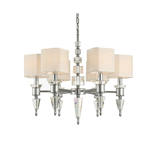 Modern Iron Cube Ceiling Pendant with 6 Lights & Fabric Shade - Chrome Hanging Chandelier Fixture