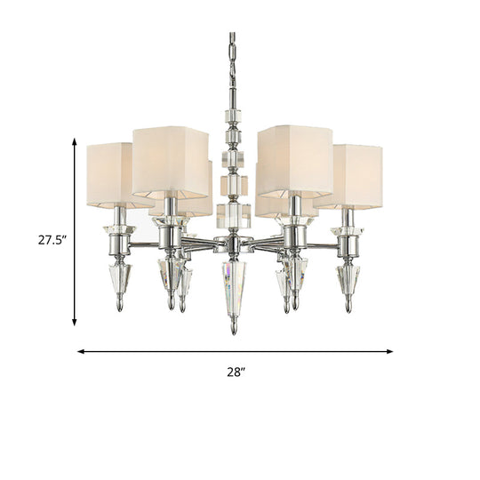 Modern Iron Cube Ceiling Pendant with 6 Lights & Fabric Shade - Chrome Hanging Chandelier Fixture