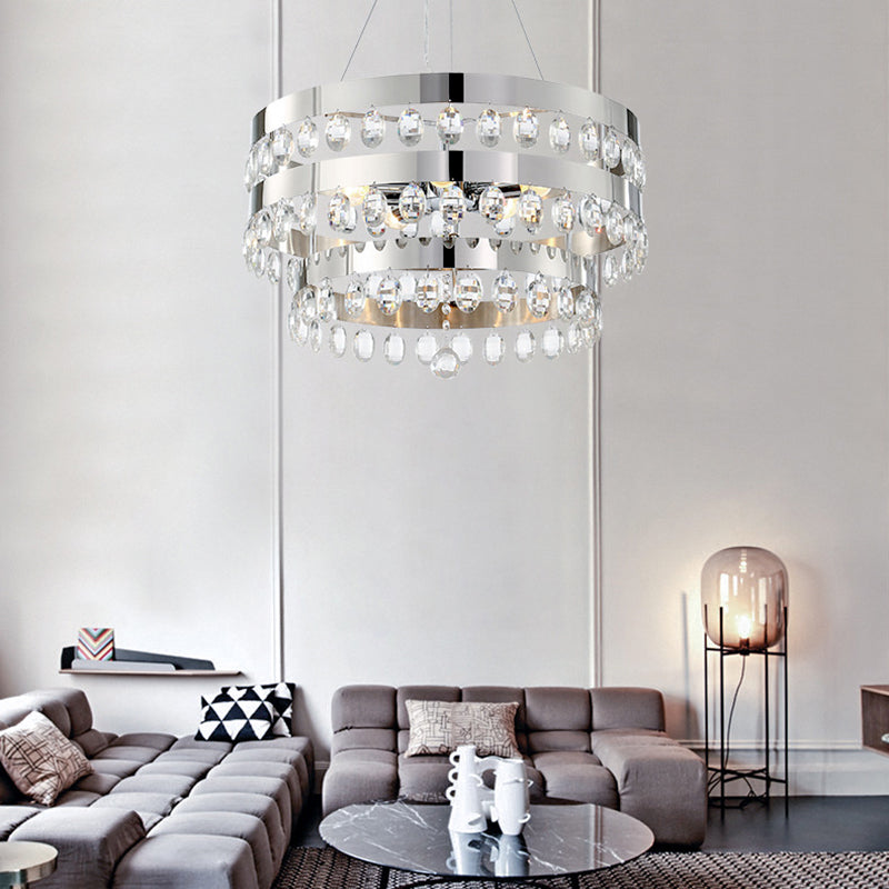 Contemporary Crystal Multi-Layer Chandelier Pendant with 5 Lights - Silver Suspension Lamp for Living Room