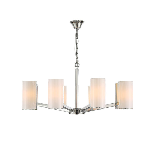 Lustre cylindrique contemporain en verre blanc - Lampe suspendue de plafond argentée à 8 lumières avec chaîne réglable