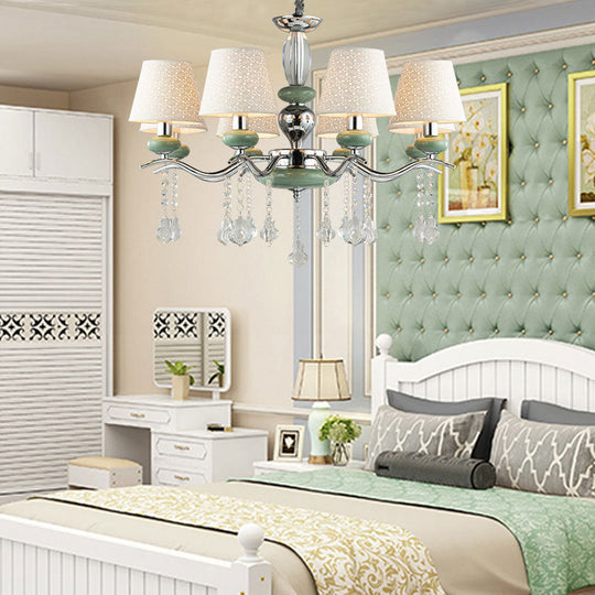Modern Nordic Cone Pendant Lamp with 8 Lights and Crystal Drop - Green Bedroom Chandelier