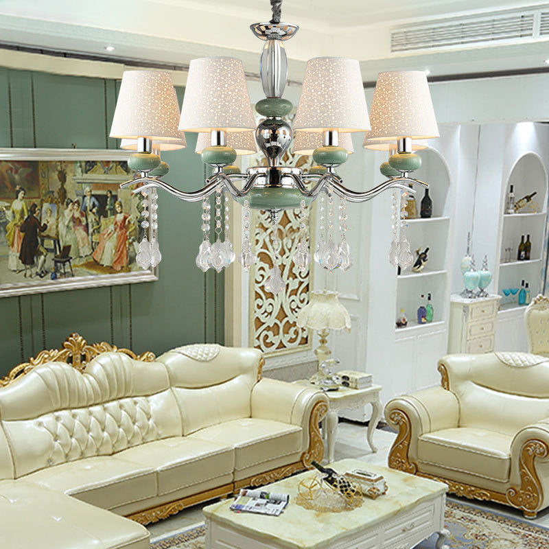 Modern Nordic Cone Pendant Lamp with 8 Lights and Crystal Drop - Green Bedroom Chandelier