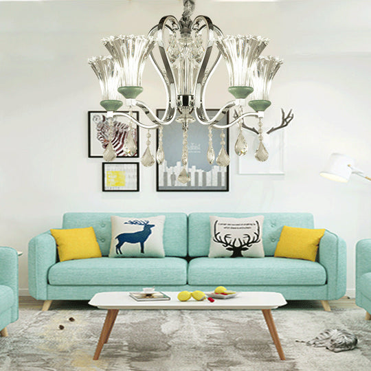 5 Bulb Modern Chandelier with Green Glass and Crystal Pendant Lighting