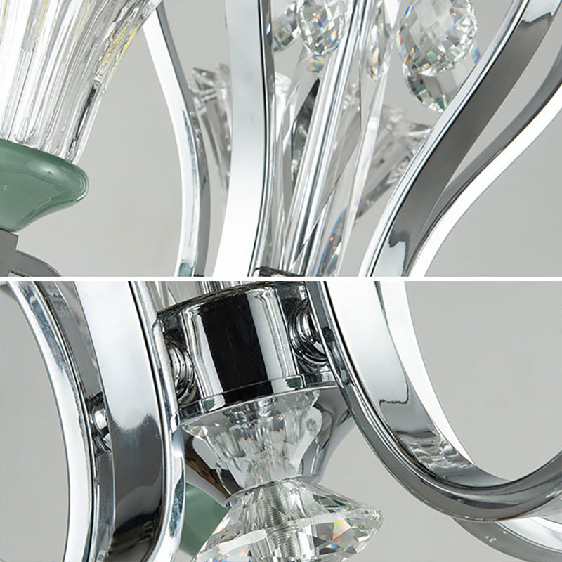 5 Bulb Modern Chandelier with Green Glass and Crystal Pendant Lighting