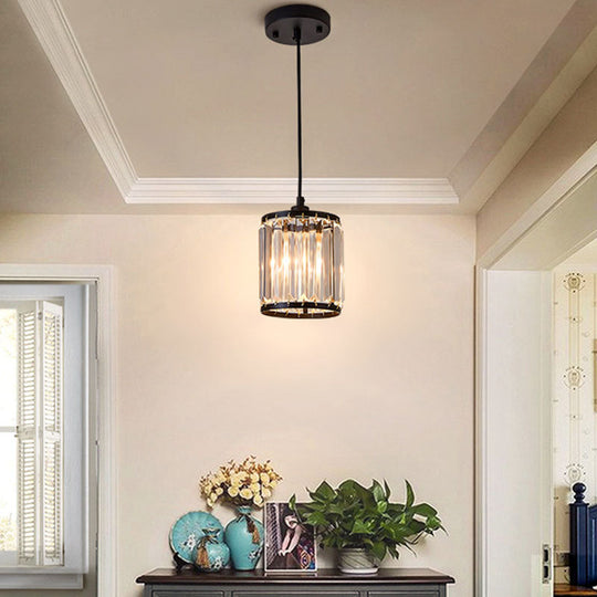 Modern Black Cylinder Pendant Lamp with K9 Crystal for Dining Room