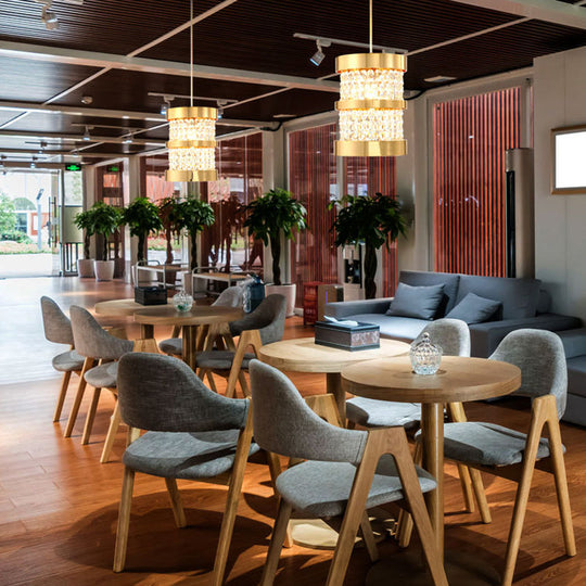 Modern Black/Gold Cylinder Pendant Light With Clear Crystal Beaded Strand - Stylish Metal 1-Bulb