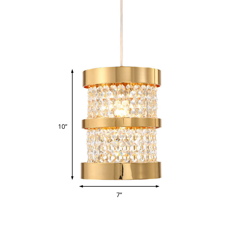 Modern Black/Gold Cylinder Pendant Light With Clear Crystal Beaded Strand - Stylish Metal 1-Bulb