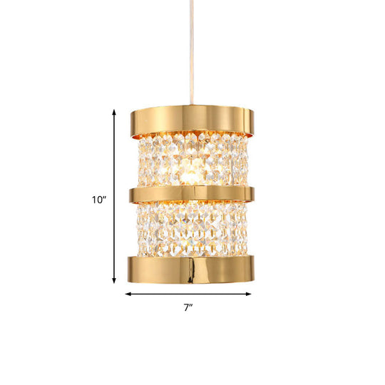 Modern Black/Gold Cylinder Pendant Light With Clear Crystal Beaded Strand - Stylish Metal 1-Bulb