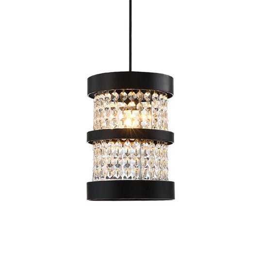 Black/Gold Cylinder Pendant Light: Modern Metal Ceiling Fixture with Crystal Beaded Strand