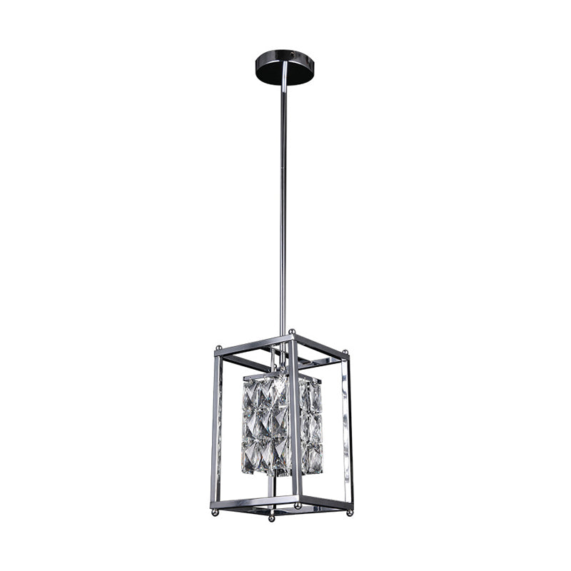 Modern Rectangle Cage Balcony Pendant Lamp with Clear Crystal Shade - Nickel Finish