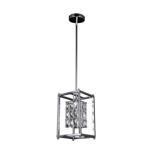 Modern Rectangle Cage Balcony Pendant Lamp with Clear Crystal Shade - Nickel Finish
