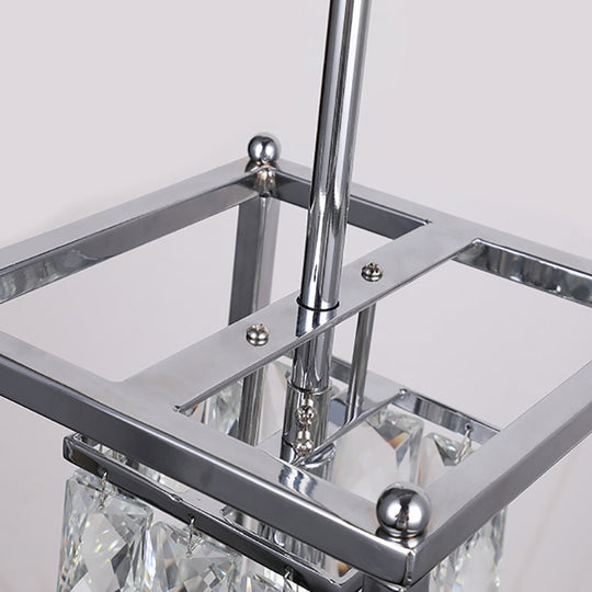 Modern Rectangle Cage Balcony Pendant Lamp with Clear Crystal Shade - Nickel Finish