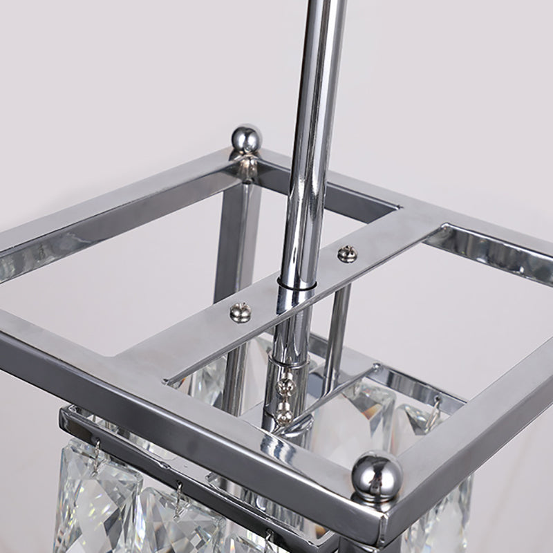 Modern Nickel Rectangle Cage Balcony Pendant Lamp - Inner Clear Crystal Shade 1 Light Ceiling
