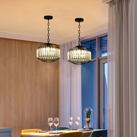 Suspension géométrique en fil de fer avec accent en cristal - Suspension de plafond noire moderne