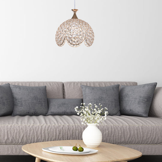 Contemporary Gold Ruffled Edge Crystal Pendant Lamp - 1 Light Dome Suspension, Clear, Various Sizes