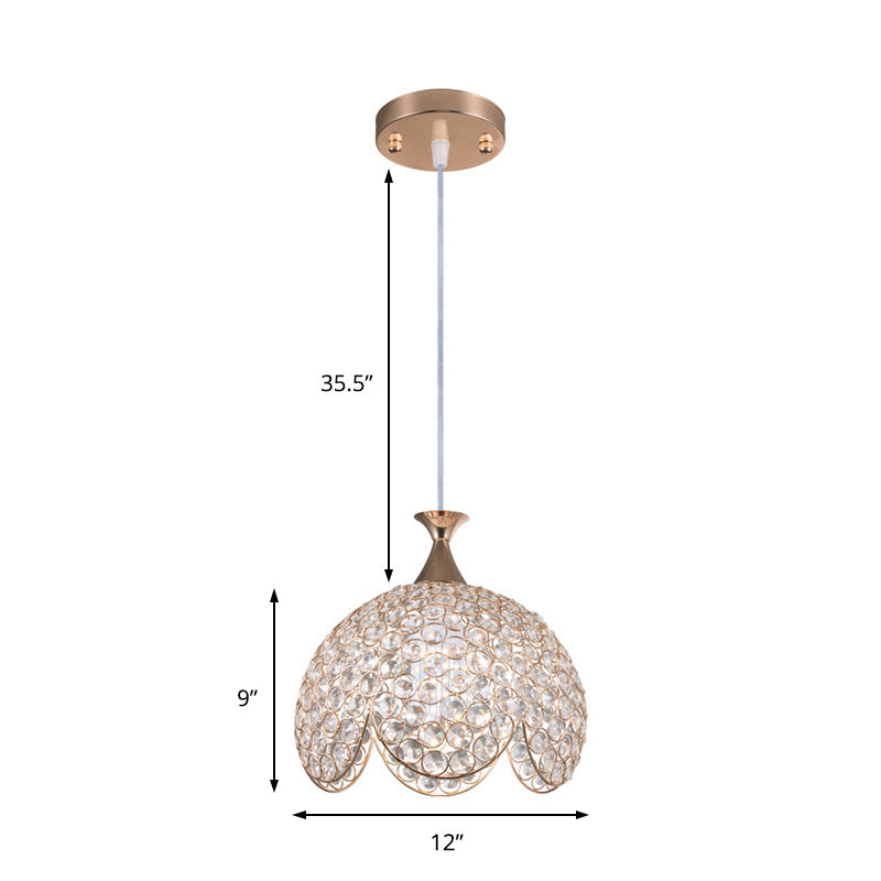Contemporary Gold Ruffled Edge Crystal Pendant Lamp - 1 Light Dome Suspension, Clear, Various Sizes