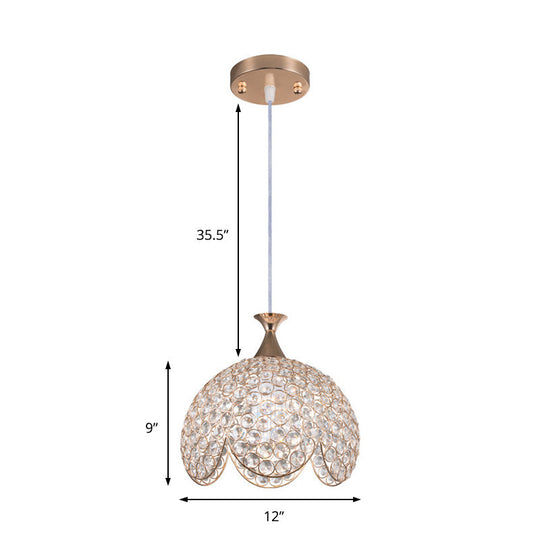 Contemporary Gold Ruffled Edge Crystal Pendant Lamp - 1 Light Dome Suspension, Clear, Various Sizes