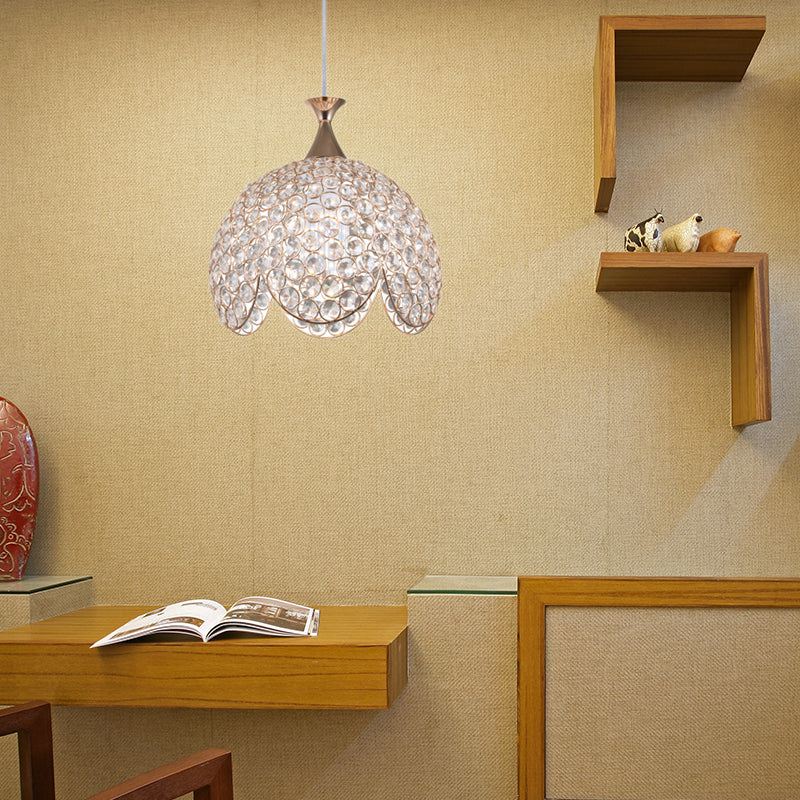 Contemporary Gold Ruffled Edge Crystal Pendant Lamp - 1 Light Dome Suspension, Clear, Various Sizes