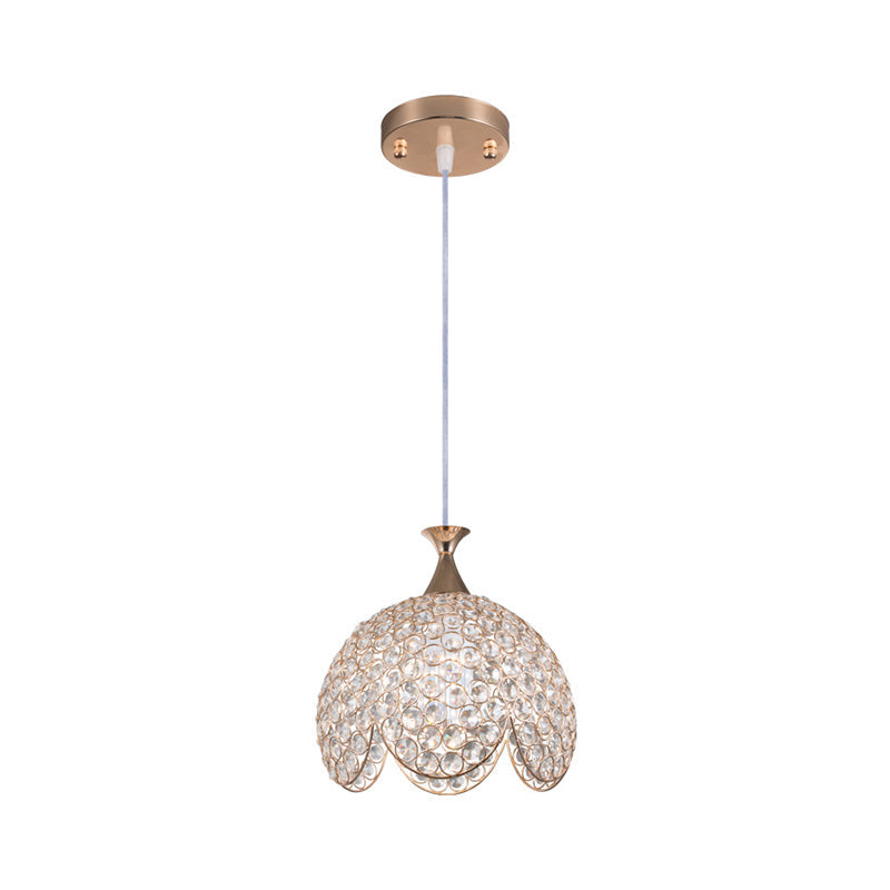 Contemporary Gold Ruffled Edge Crystal Pendant Lamp - 1 Light Dome Suspension, Clear, Various Sizes
