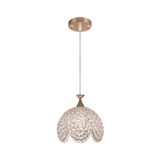 Contemporary Gold Ruffled Edge Crystal Pendant Lamp - 1 Light Dome Suspension, Clear, Various Sizes