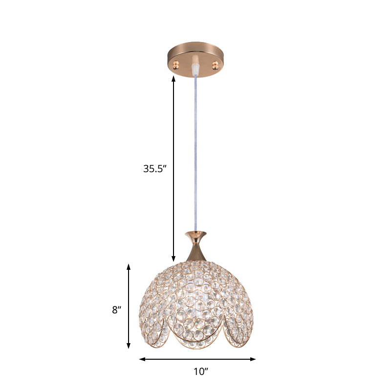 Contemporary Gold Ruffled Edge Crystal Pendant Lamp - 1 Light Dome Suspension, Clear, Various Sizes