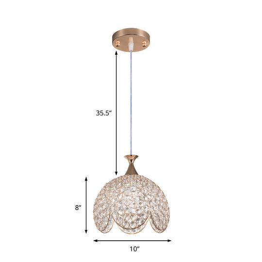 Contemporary Gold Ruffled Edge Crystal Pendant Lamp - 1 Light Dome Suspension, Clear, Various Sizes