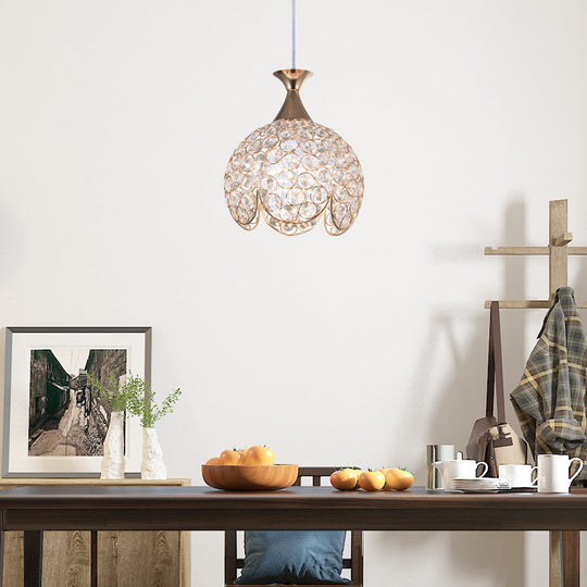 Contemporary Gold Ruffled Edge Crystal Pendant Lamp - 1 Light Dome Suspension, Clear, Various Sizes