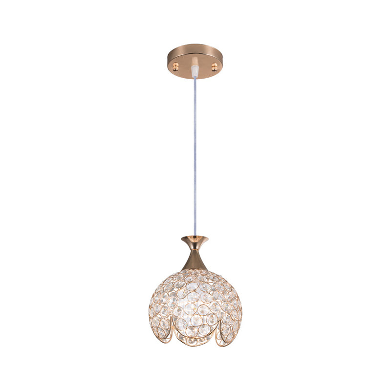 Contemporary Gold Ruffled Edge Crystal Pendant Lamp - 1 Light Dome Suspension, Clear, Various Sizes