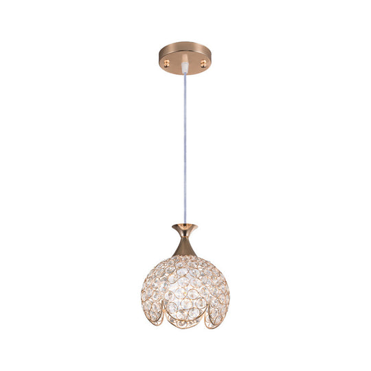 Contemporary Gold Ruffled Edge Crystal Pendant Lamp - 1 Light Dome Suspension, Clear, Various Sizes
