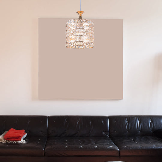 Contemporary Gold Hanging Pendant Lamp - 1 Light Cylinder Fixture With Crystal And Metal Details