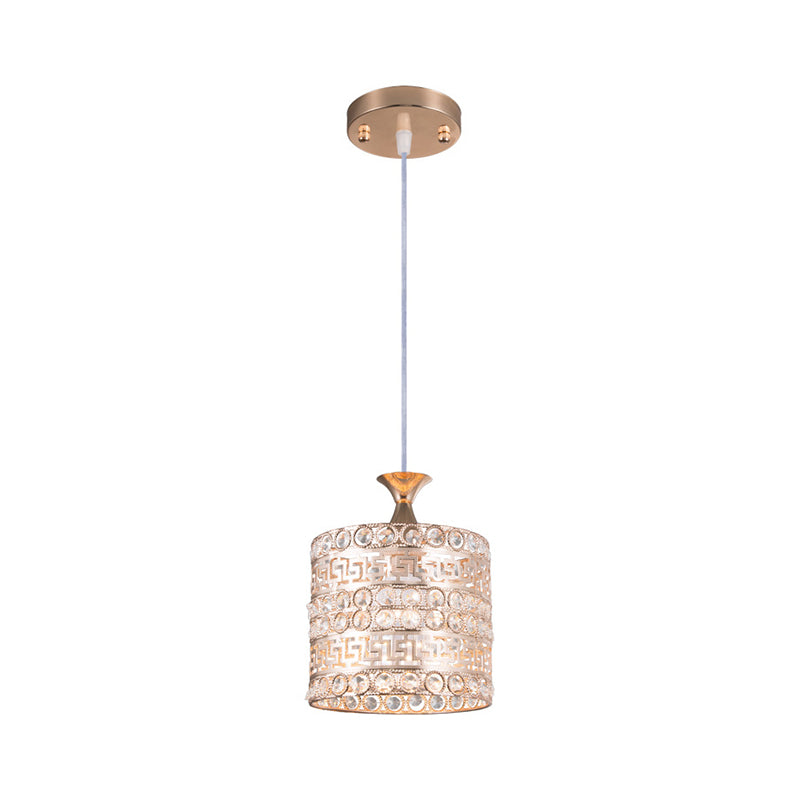 Contemporary Gold Hanging Pendant Lamp - 1 Light Cylinder Fixture With Crystal And Metal Details