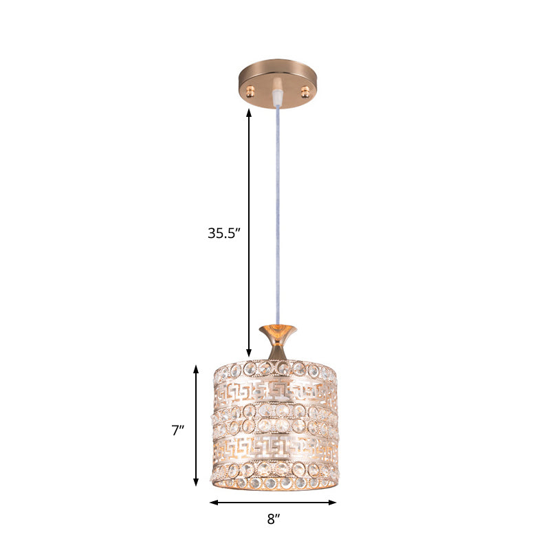 Contemporary Gold Hanging Pendant Lamp - 1 Light Cylinder Fixture With Crystal And Metal Details