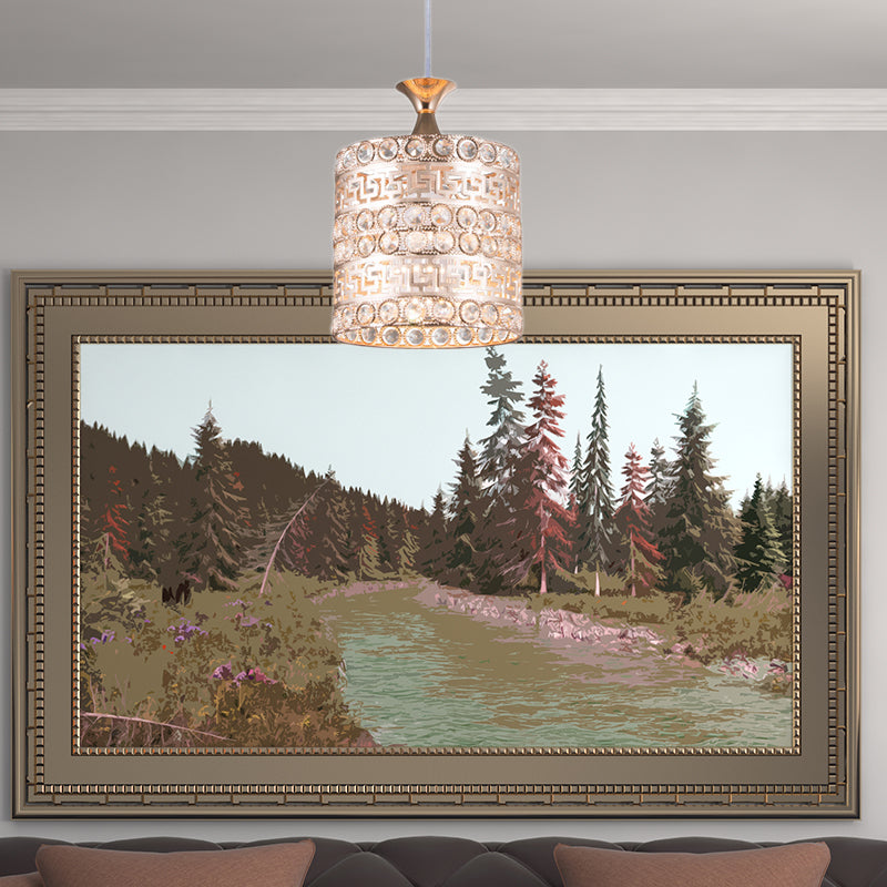 Contemporary Gold Hanging Pendant Lamp - 1 Light Cylinder Fixture With Crystal And Metal Details