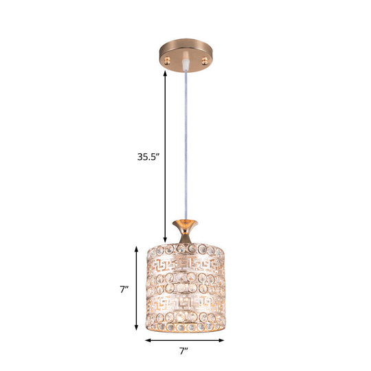 Contemporary Crystal and Metal Cylinder Pendant Lamp in Gold - 1-Light Hanging Fixture, 6"/7"/8" Width