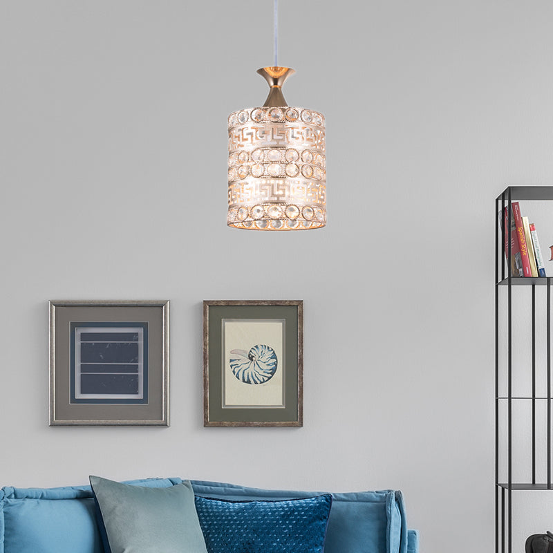 Contemporary Gold Hanging Pendant Lamp - 1 Light Cylinder Fixture With Crystal And Metal Details