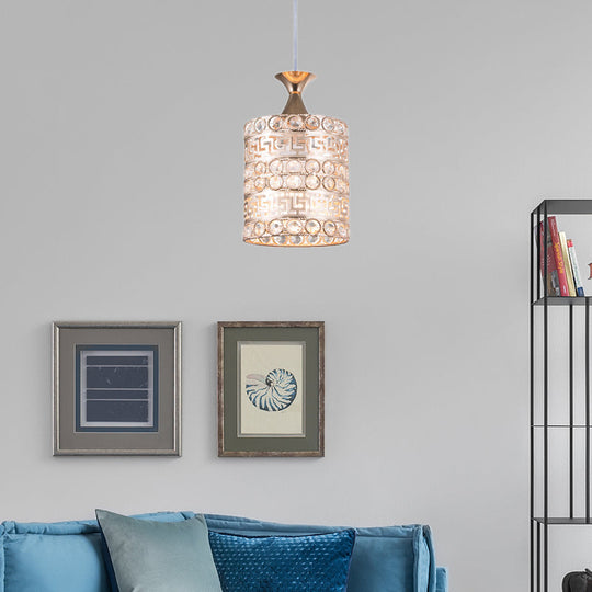 Contemporary Gold Hanging Pendant Lamp - 1 Light Cylinder Fixture With Crystal And Metal Details