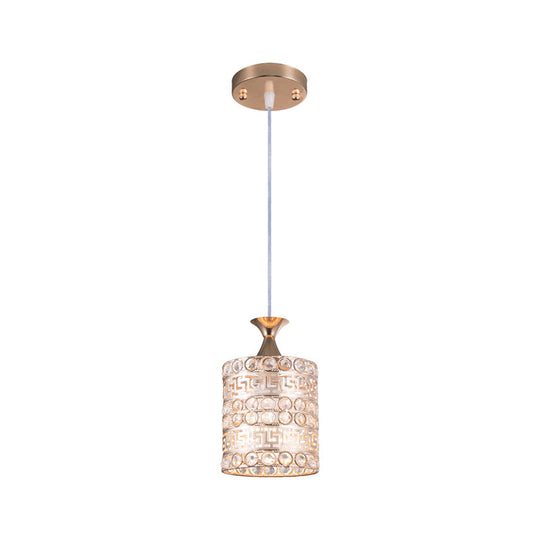 Contemporary Crystal and Metal Cylinder Pendant Lamp in Gold - 1-Light Hanging Fixture, 6"/7"/8" Width
