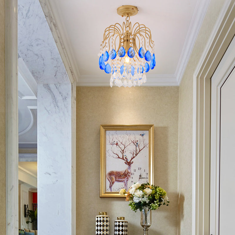 Modern Gold Crystal Beaded Pendant Light 1 Bulb Suspension For Balcony