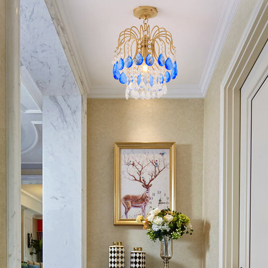 Modern Gold Crystal Beaded Pendant Light 1 Bulb Suspension For Balcony