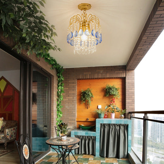 Modern Gold Crystal Beaded Pendant Light 1 Bulb Suspension For Balcony