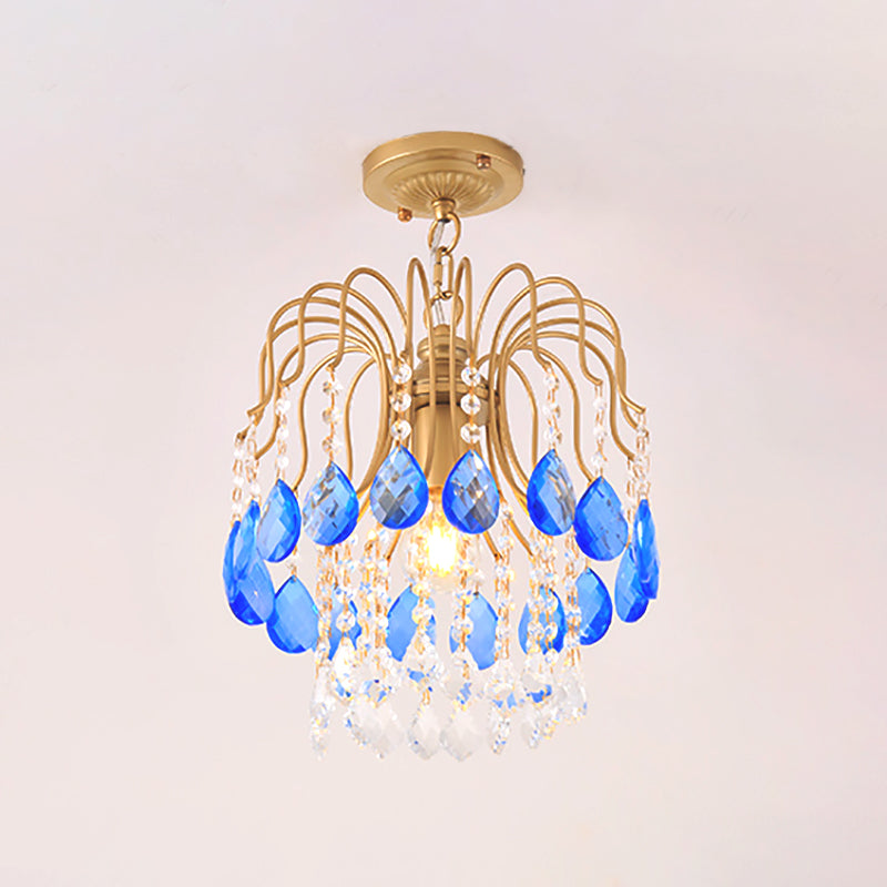 Modern Gold Crystal Beaded Pendant Light 1 Bulb Suspension For Balcony