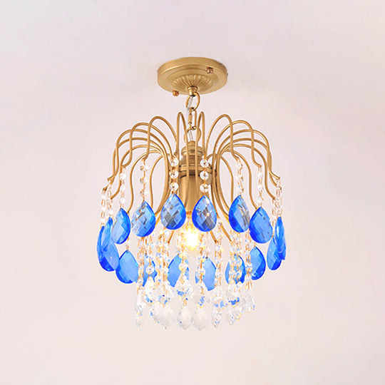 Modern Gold Crystal Beaded Pendant Light 1 Bulb Suspension For Balcony