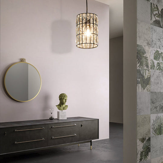 Modern Black Crystal Pendant Lamp with Clear Cylindrical Suspended Light for Living Room