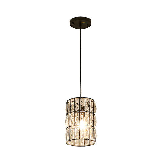 Modern Black Crystal Pendant Lamp with Clear Cylindrical Suspended Light for Living Room