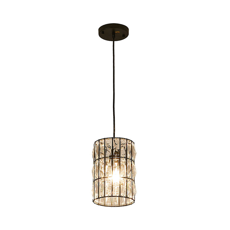 Clear Crystal 1-Light Modern Black Pendant Lamp - Stylish Cylindrical Suspended Light For Living