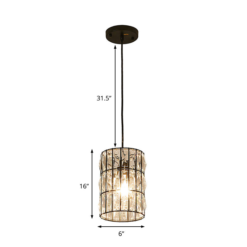 Modern Black Crystal Pendant Lamp with Clear Cylindrical Suspended Light for Living Room