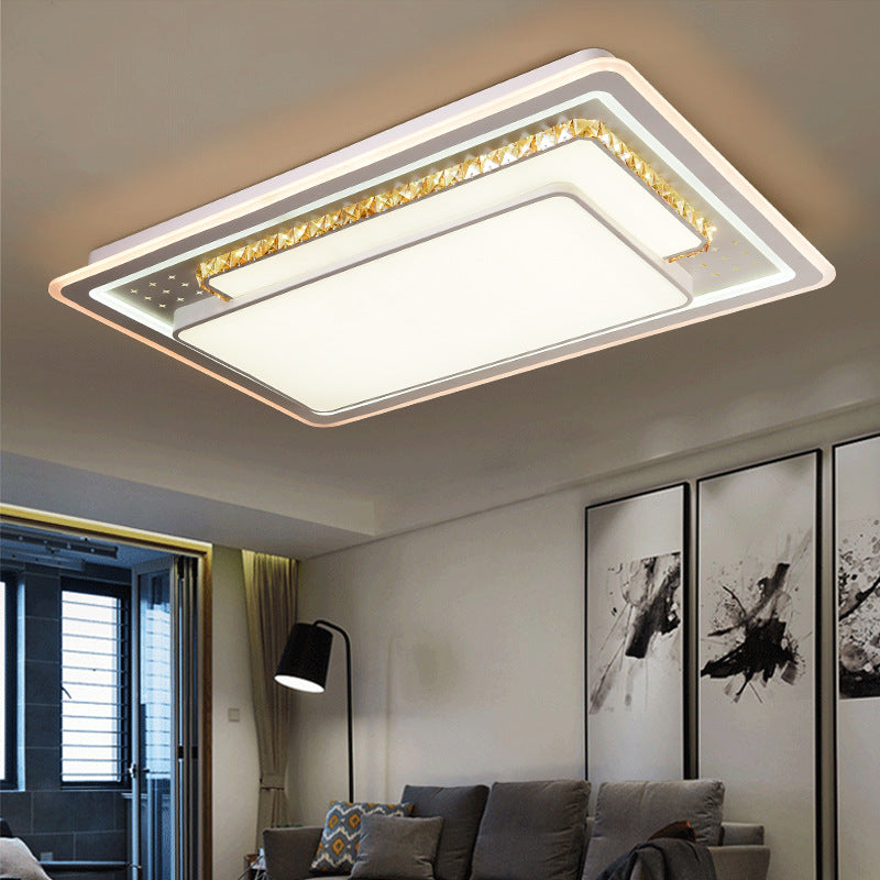 Geometric Crystal Led Ceiling Light For Living Room: Minimal Rectangle Flush Mount With Leaf Pattern
